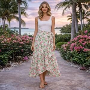 Hill House Women's SZ M The Mirabel Cotton Wrap Skirt In Pink Roses NWT